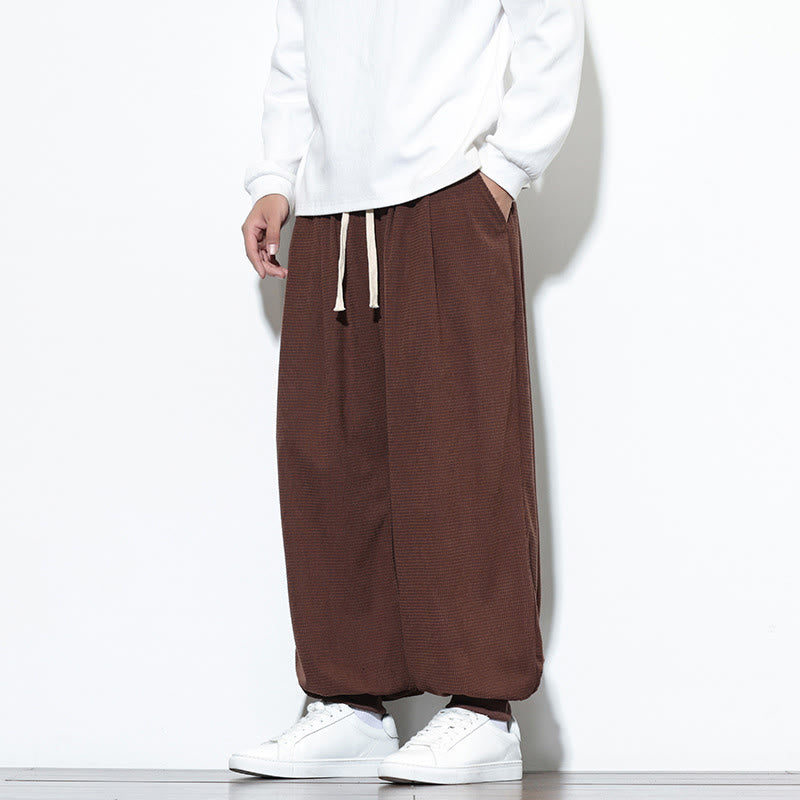 Buddha Stones Fall Plain Drawstring Simple Design Men's Harem Cotton Corduroy Pants With Pockets