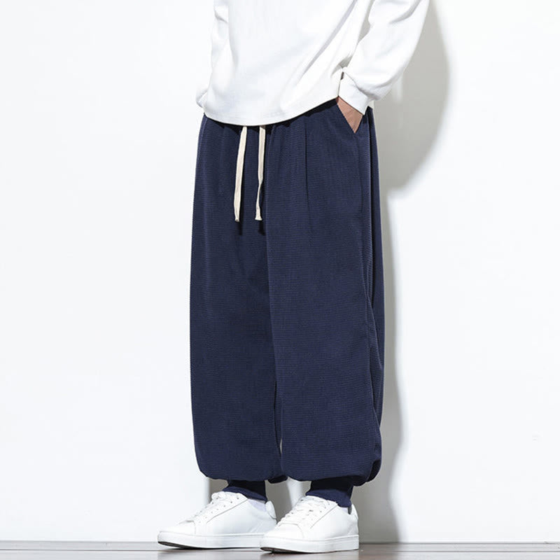 Buddha Stones Fall Plain Drawstring Simple Design Men's Harem Cotton Corduroy Pants With Pockets