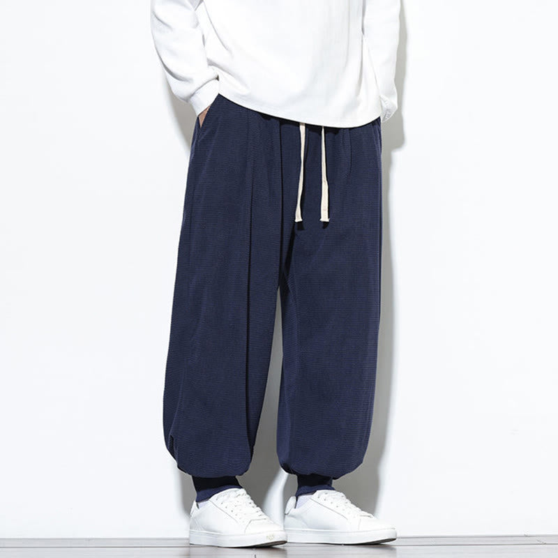 Buddha Stones Fall Plain Drawstring Simple Design Men's Harem Cotton Corduroy Pants With Pockets
