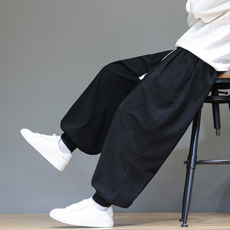 Buddha Stones Fall Plain Drawstring Simple Design Men's Harem Cotton Corduroy Pants With Pockets
