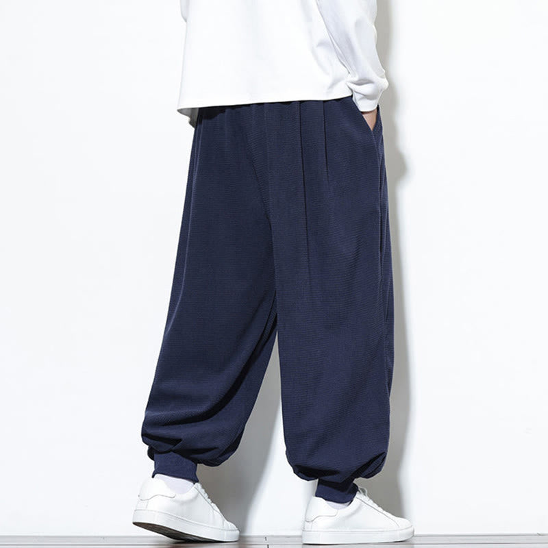 Buddha Stones Fall Plain Drawstring Simple Design Men's Harem Cotton Corduroy Pants With Pockets