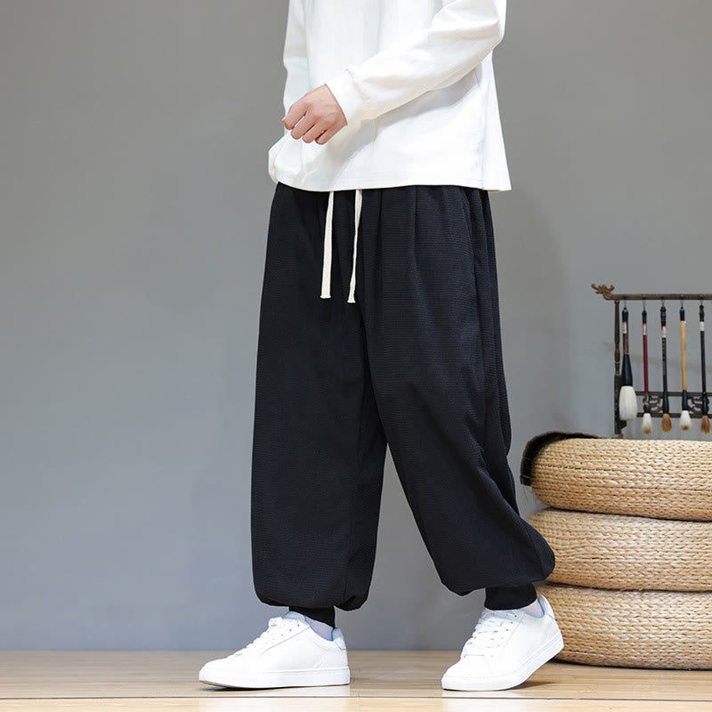 Buddha Stones Fall Plain Drawstring Simple Design Men's Harem Cotton Corduroy Pants With Pockets