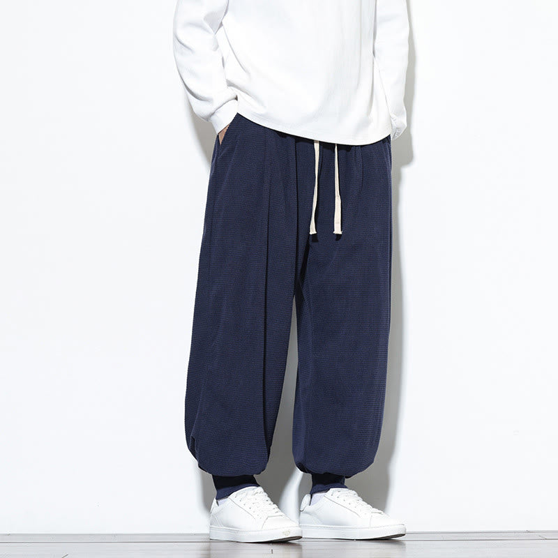 Buddha Stones Fall Plain Drawstring Simple Design Men's Harem Cotton Corduroy Pants With Pockets