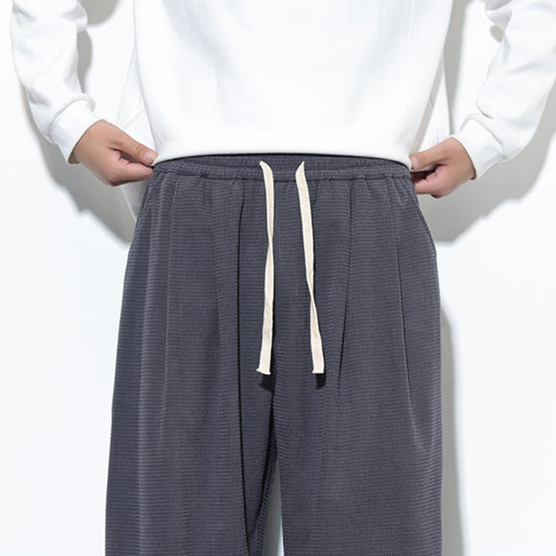 Buddha Stones Fall Plain Drawstring Simple Design Men's Harem Cotton Corduroy Pants With Pockets