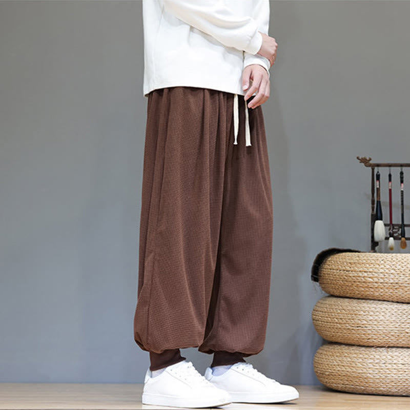 Buddha Stones Fall Plain Drawstring Simple Design Men's Harem Cotton Corduroy Pants With Pockets