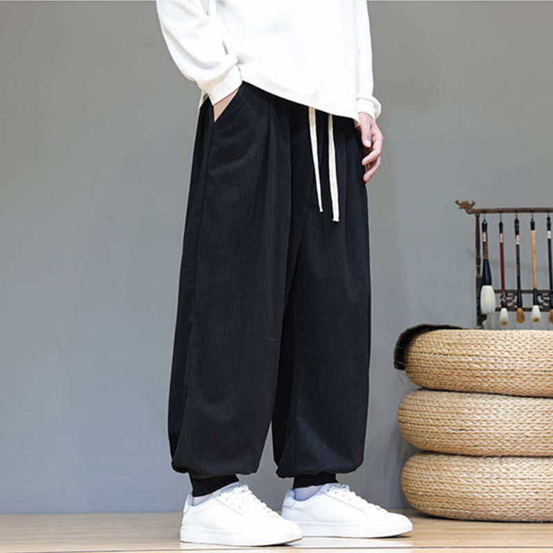 Buddha Stones Fall Plain Drawstring Simple Design Men's Harem Cotton Corduroy Pants With Pockets