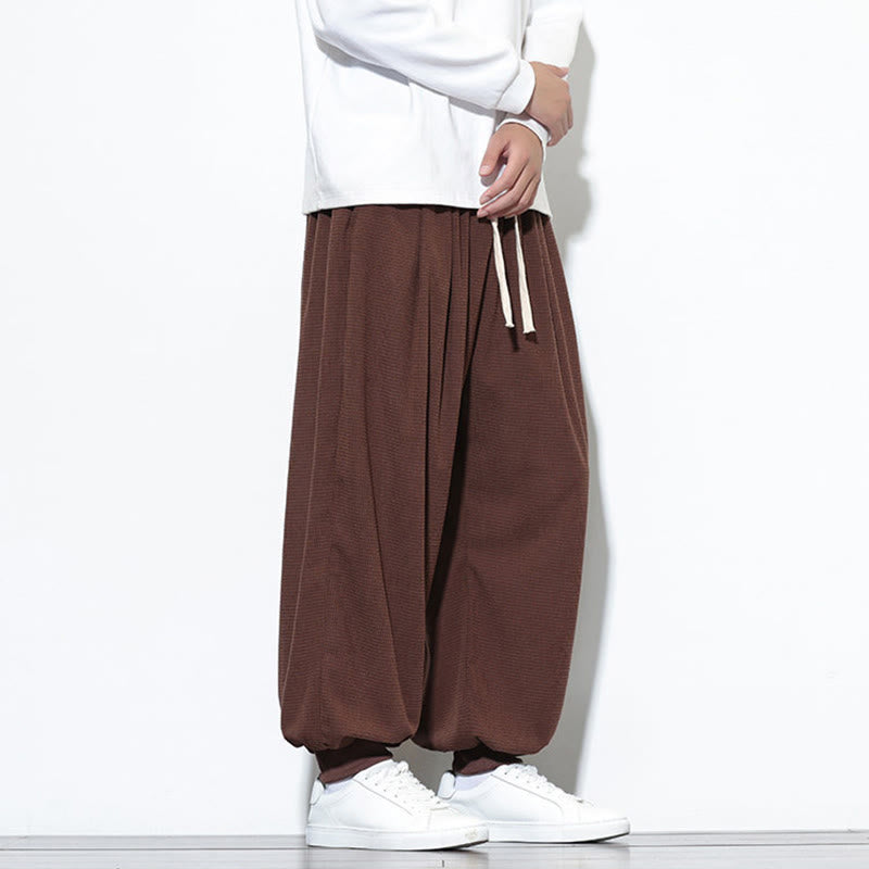 Buddha Stones Fall Plain Drawstring Simple Design Men's Harem Cotton Corduroy Pants With Pockets