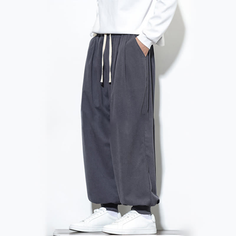 Buddha Stones Fall Plain Drawstring Simple Design Men's Harem Cotton Corduroy Pants With Pockets