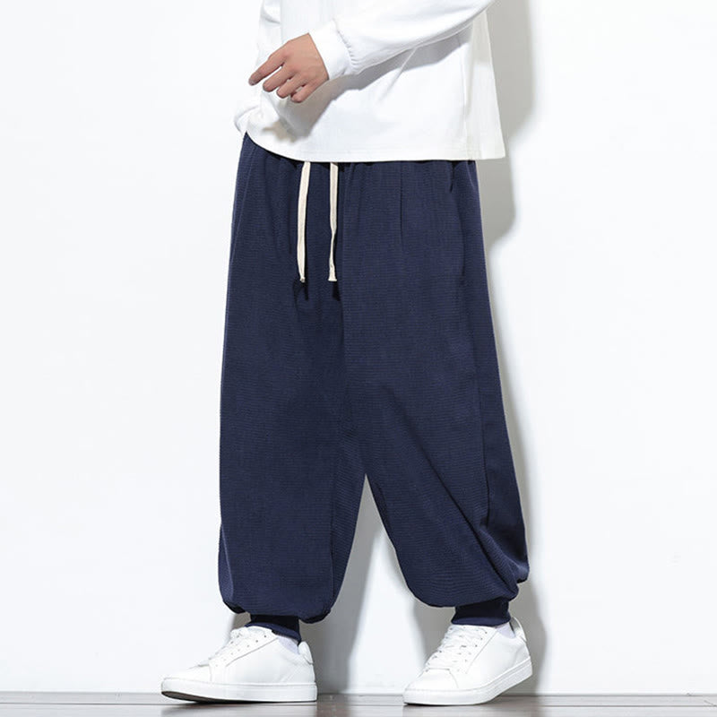 Buddha Stones Fall Plain Drawstring Simple Design Men's Harem Cotton Corduroy Pants With Pockets