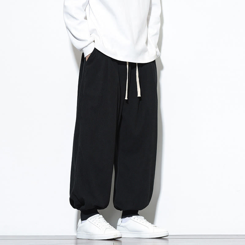 Buddha Stones Fall Plain Drawstring Simple Design Men's Harem Cotton Corduroy Pants With Pockets