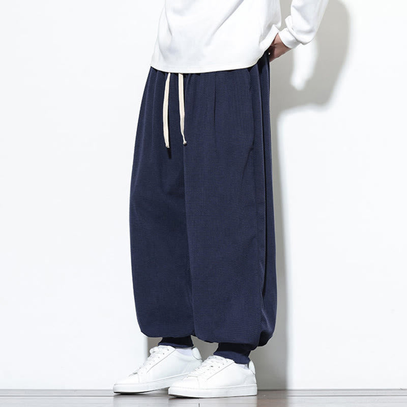 Buddha Stones Fall Plain Drawstring Simple Design Men's Harem Cotton Corduroy Pants With Pockets