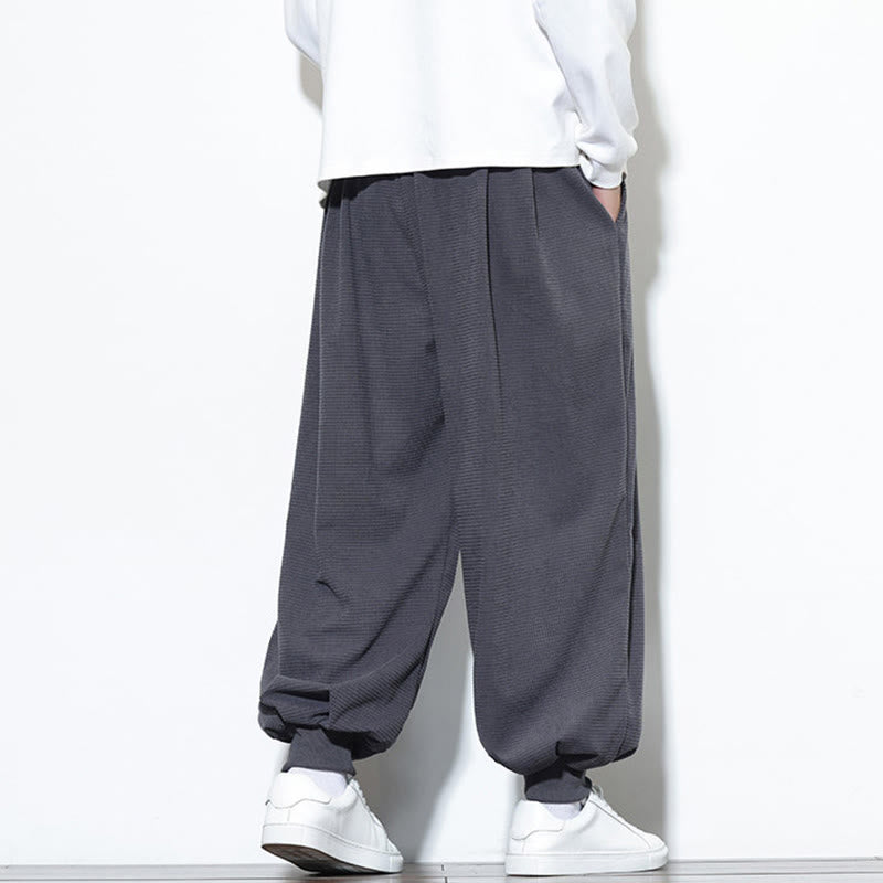 Buddha Stones Fall Plain Drawstring Simple Design Men's Harem Cotton Corduroy Pants With Pockets
