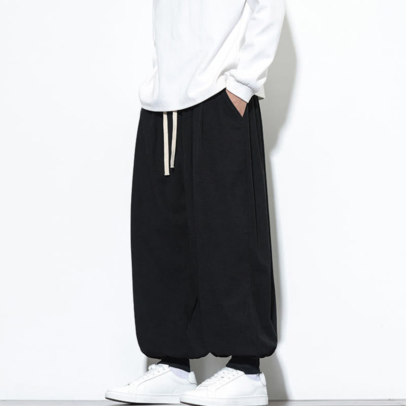 Buddha Stones Fall Plain Drawstring Simple Design Men's Harem Cotton Corduroy Pants With Pockets