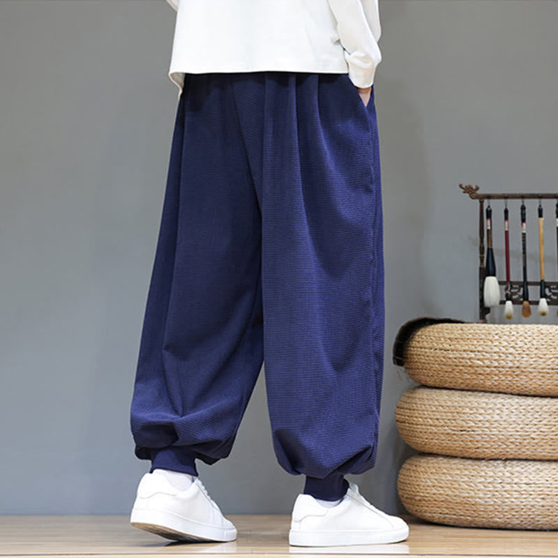 Buddha Stones Fall Plain Drawstring Simple Design Men's Harem Cotton Corduroy Pants With Pockets
