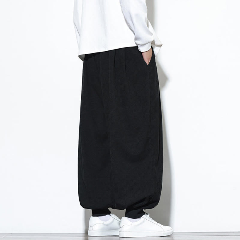 Buddha Stones Fall Plain Drawstring Simple Design Men's Harem Cotton Corduroy Pants With Pockets