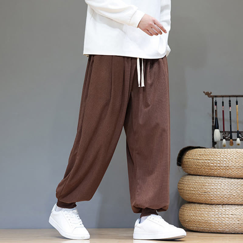 Buddha Stones Fall Plain Drawstring Simple Design Men's Harem Cotton Corduroy Pants With Pockets