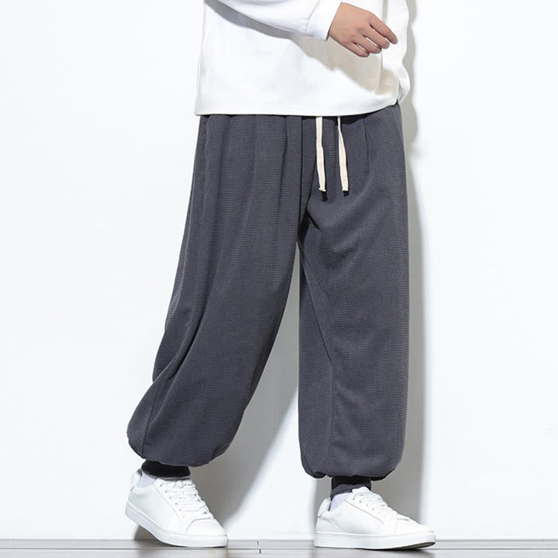 Buddha Stones Fall Plain Drawstring Simple Design Men's Harem Cotton Corduroy Pants With Pockets