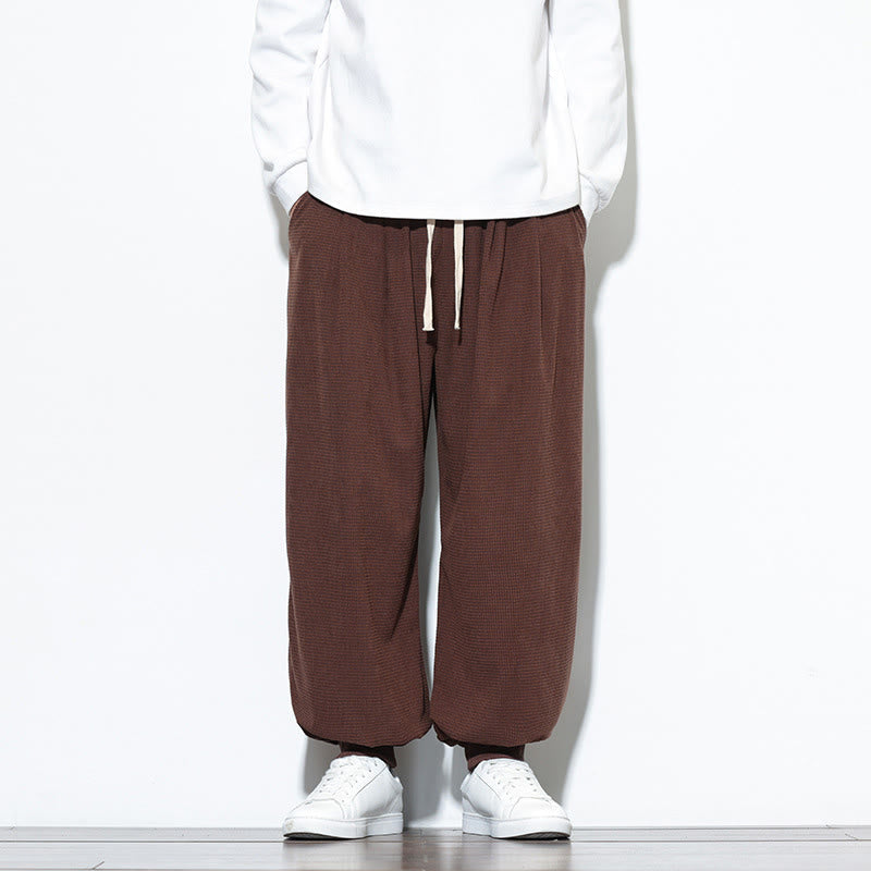 Buddha Stones Fall Plain Drawstring Simple Design Men's Harem Cotton Corduroy Pants With Pockets