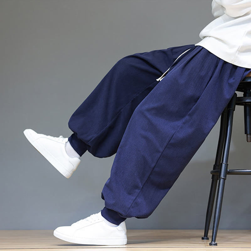Buddha Stones Fall Plain Drawstring Simple Design Men's Harem Cotton Corduroy Pants With Pockets