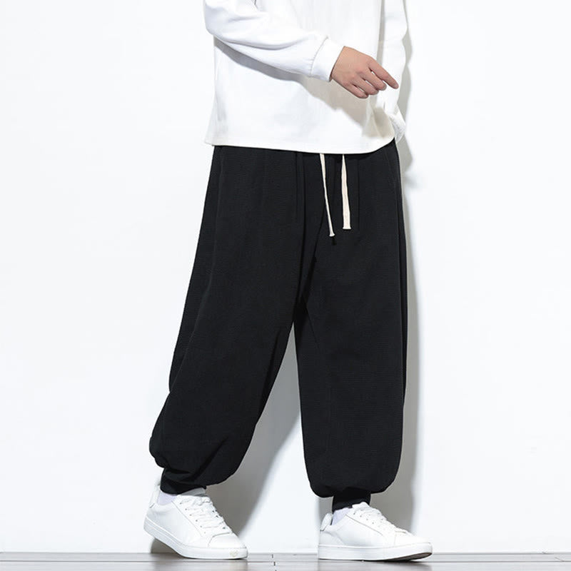 Buddha Stones Fall Plain Drawstring Simple Design Men's Harem Cotton Corduroy Pants With Pockets