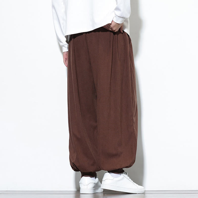Buddha Stones Fall Plain Drawstring Simple Design Men's Harem Cotton Corduroy Pants With Pockets