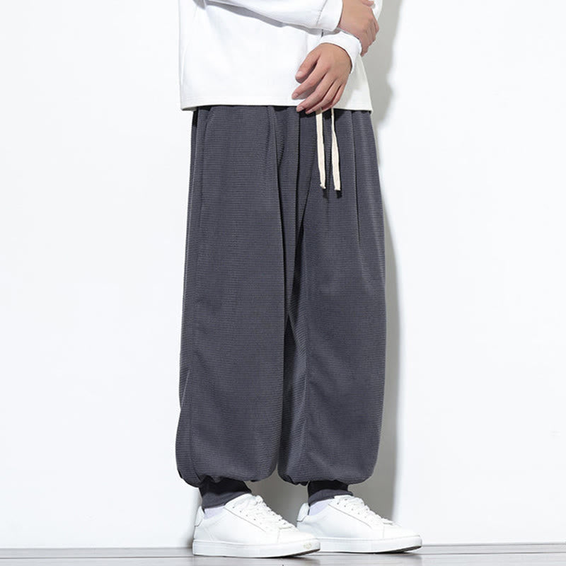 Buddha Stones Fall Plain Drawstring Simple Design Men's Harem Cotton Corduroy Pants With Pockets
