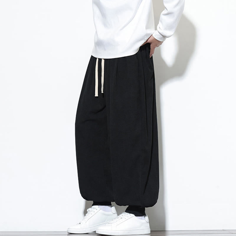 Buddha Stones Fall Plain Drawstring Simple Design Men's Harem Cotton Corduroy Pants With Pockets