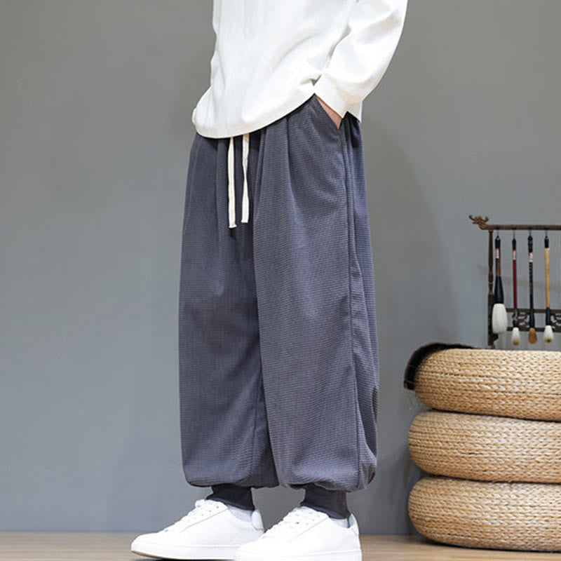Buddha Stones Fall Plain Drawstring Simple Design Men's Harem Cotton Corduroy Pants With Pockets