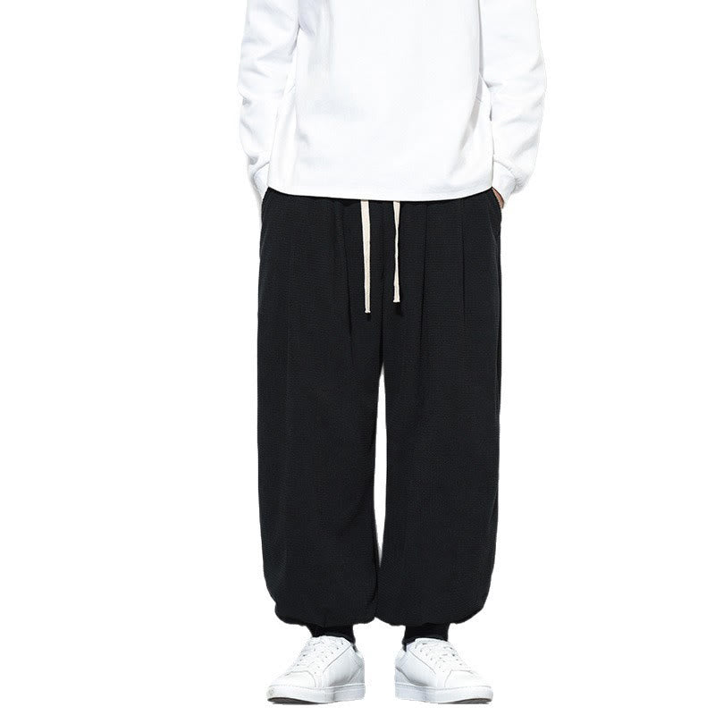 Buddha Stones Fall Plain Drawstring Simple Design Men's Harem Cotton Corduroy Pants With Pockets