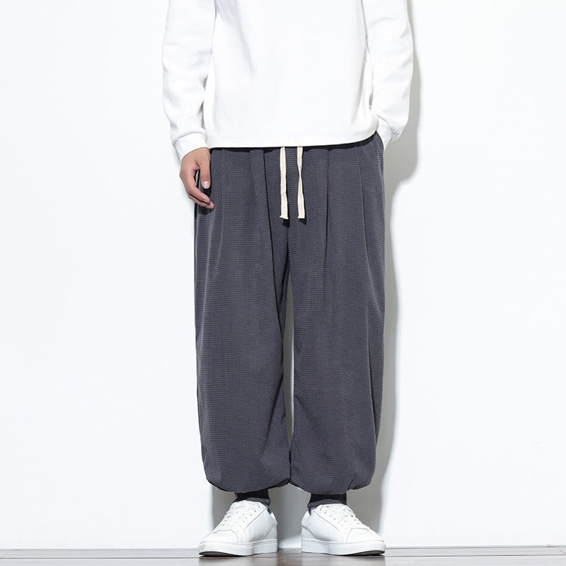 Buddha Stones Fall Plain Drawstring Simple Design Men's Harem Cotton Corduroy Pants With Pockets