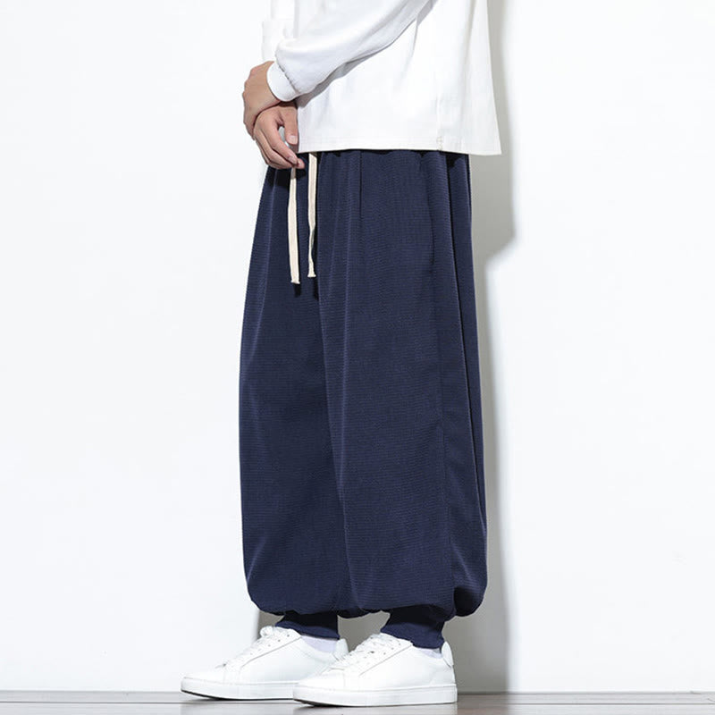 Buddha Stones Fall Plain Drawstring Simple Design Men's Harem Cotton Corduroy Pants With Pockets