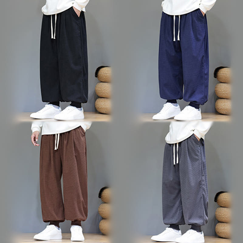 Buddha Stones Fall Plain Drawstring Simple Design Men's Harem Cotton Corduroy Pants With Pockets