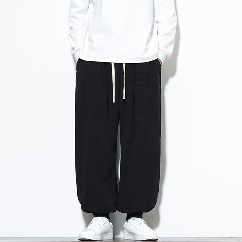 Buddha Stones Fall Plain Drawstring Simple Design Men's Harem Cotton Corduroy Pants With Pockets