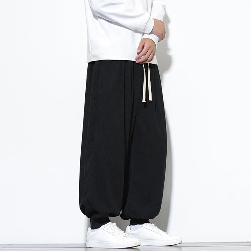 Buddha Stones Fall Plain Drawstring Simple Design Men's Harem Cotton Corduroy Pants With Pockets