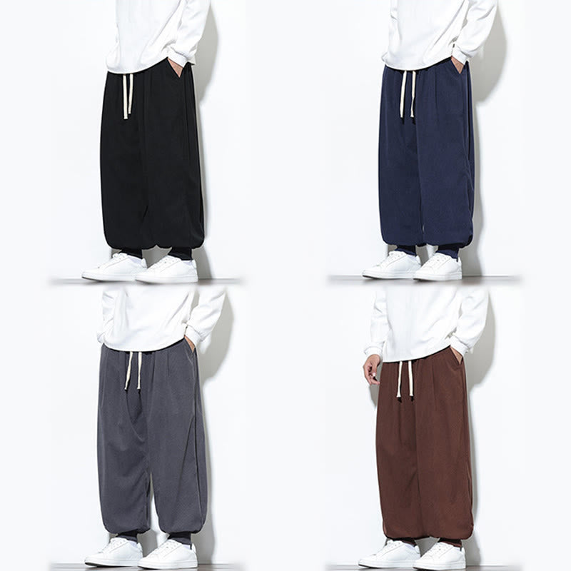 Buddha Stones Fall Plain Drawstring Simple Design Men's Harem Cotton Corduroy Pants With Pockets