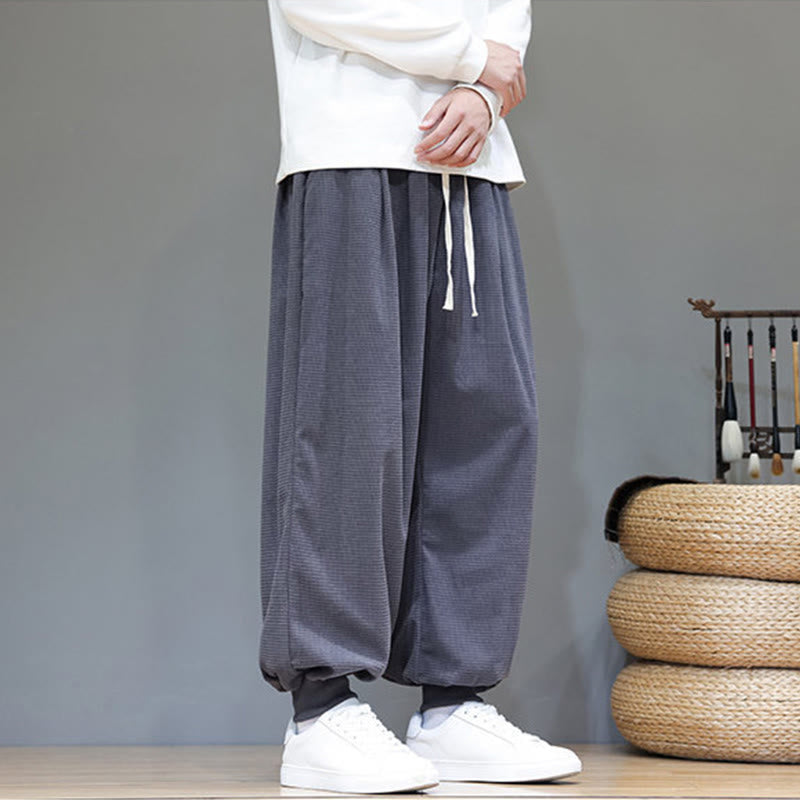 Buddha Stones Fall Plain Drawstring Simple Design Men's Harem Cotton Corduroy Pants With Pockets