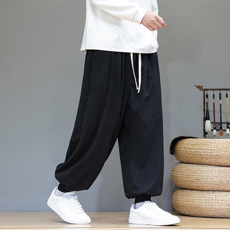 Buddha Stones Fall Plain Drawstring Simple Design Men's Harem Cotton Corduroy Pants With Pockets