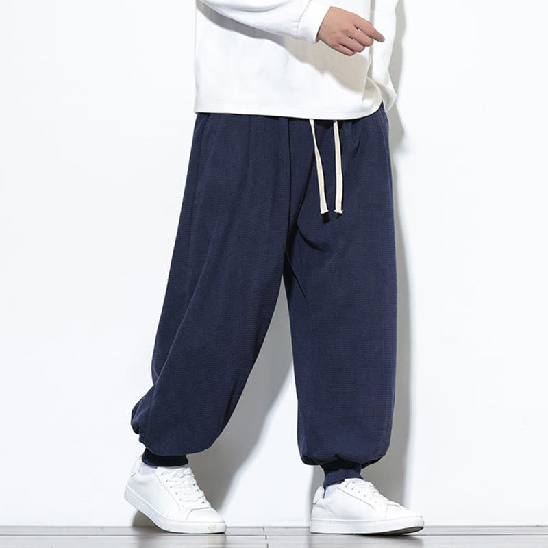 Buddha Stones Fall Plain Drawstring Simple Design Men's Harem Cotton Corduroy Pants With Pockets