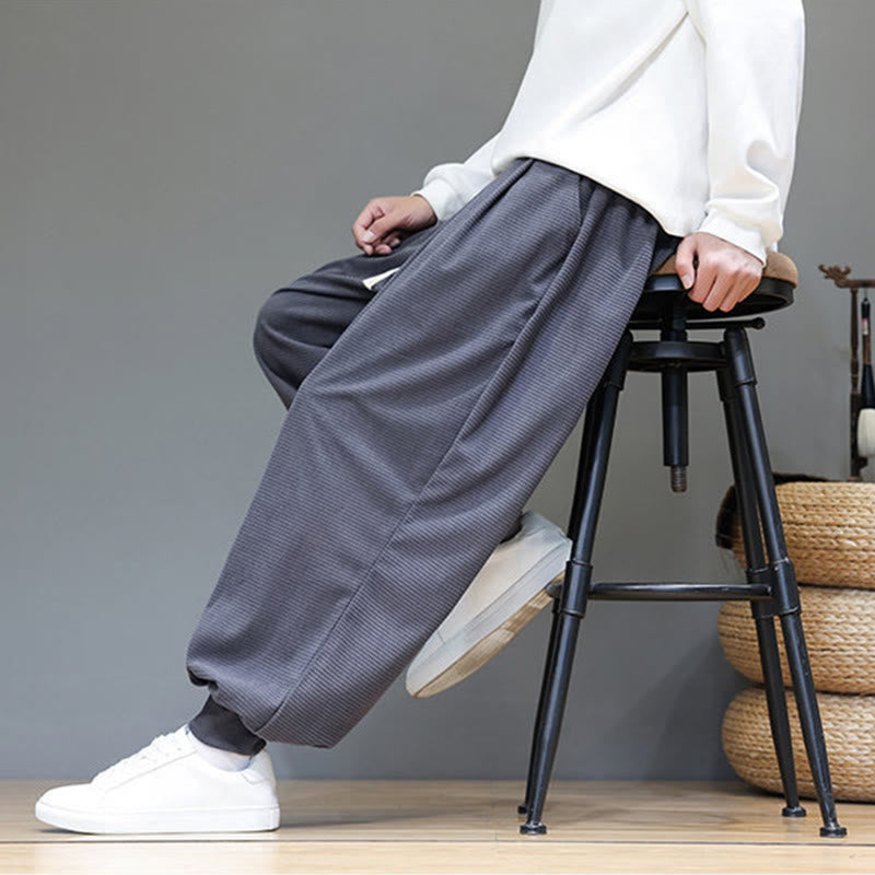 Buddha Stones Fall Plain Drawstring Simple Design Men's Harem Cotton Corduroy Pants With Pockets