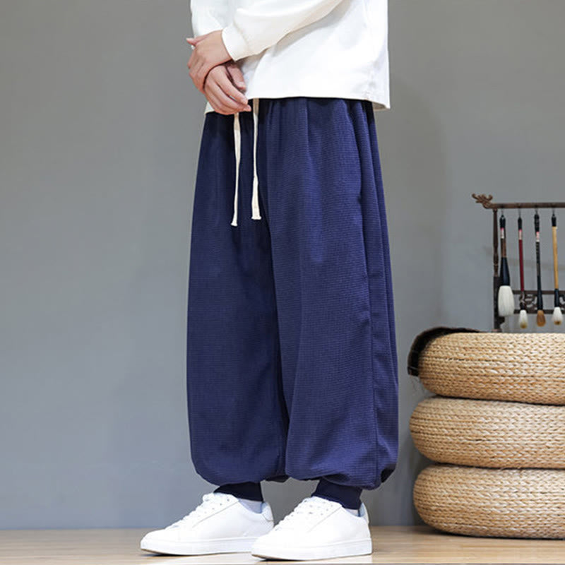 Buddha Stones Fall Plain Drawstring Simple Design Men's Harem Cotton Corduroy Pants With Pockets