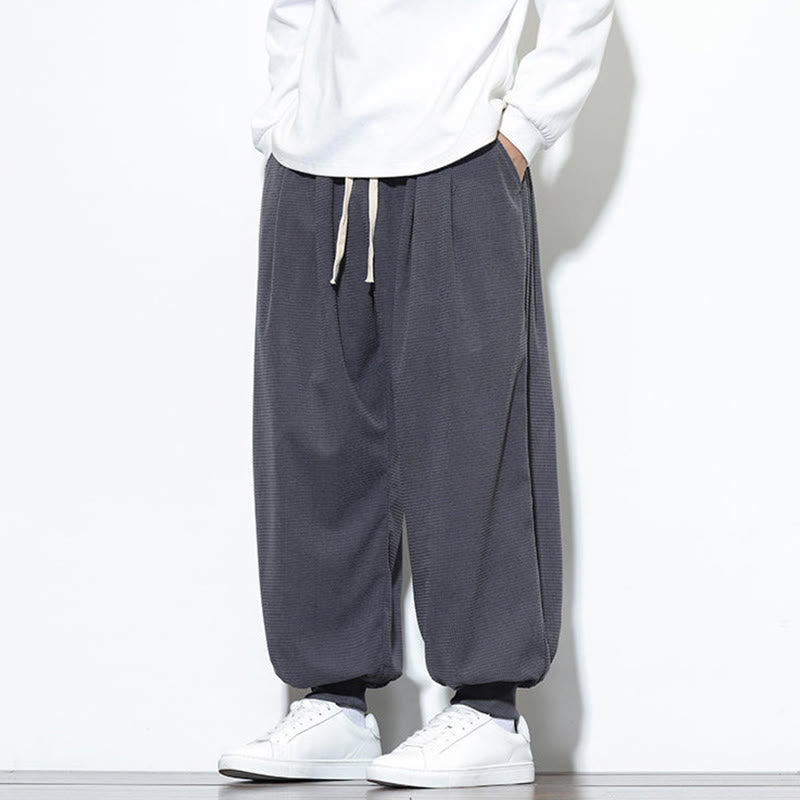 Buddha Stones Fall Plain Drawstring Simple Design Men's Harem Cotton Corduroy Pants With Pockets