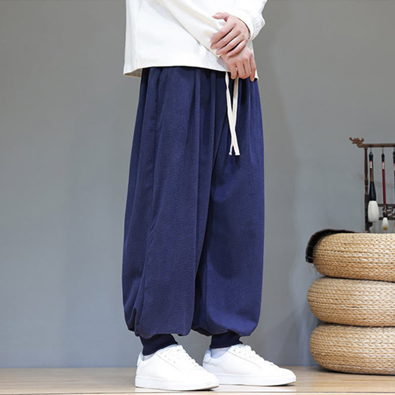 Buddha Stones Fall Plain Drawstring Simple Design Men's Harem Cotton Corduroy Pants With Pockets