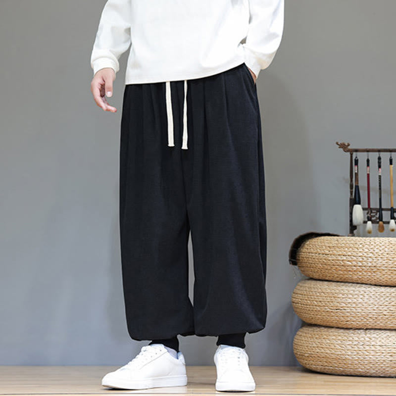 Buddha Stones Fall Plain Drawstring Simple Design Men's Harem Cotton Corduroy Pants With Pockets