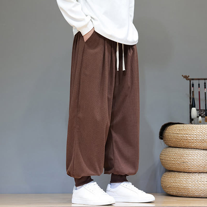 Buddha Stones Fall Plain Drawstring Simple Design Men's Harem Cotton Corduroy Pants With Pockets