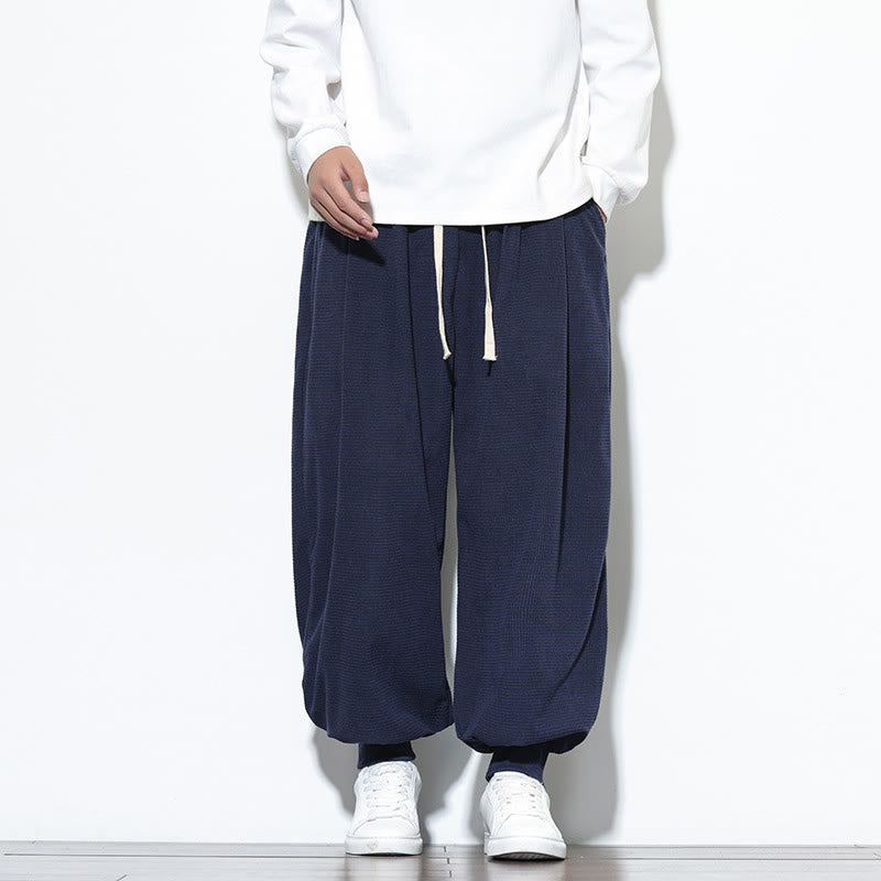 Buddha Stones Fall Plain Drawstring Simple Design Men's Harem Cotton Corduroy Pants With Pockets