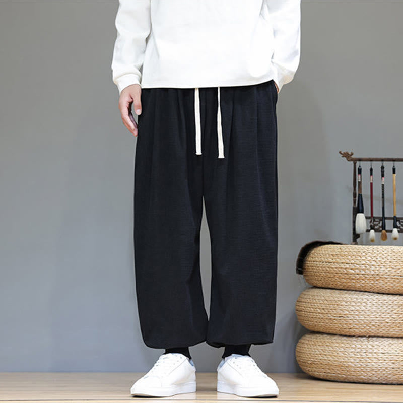 Buddha Stones Fall Plain Drawstring Simple Design Men's Harem Cotton Corduroy Pants With Pockets