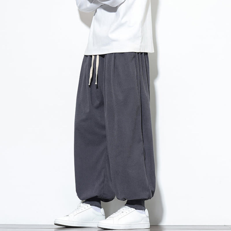 Buddha Stones Fall Plain Drawstring Simple Design Men's Harem Cotton Corduroy Pants With Pockets