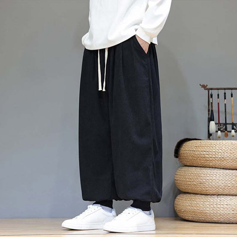 Buddha Stones Fall Plain Drawstring Simple Design Men's Harem Cotton Corduroy Pants With Pockets