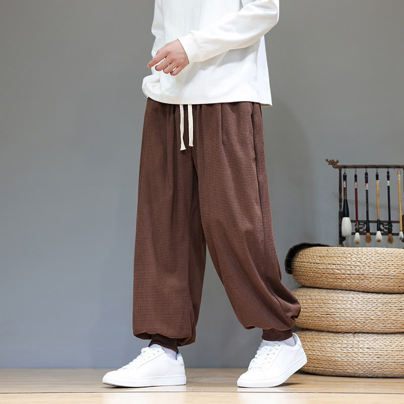 Buddha Stones Fall Plain Drawstring Simple Design Men's Harem Cotton Corduroy Pants With Pockets