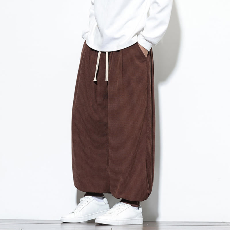 Buddha Stones Fall Plain Drawstring Simple Design Men's Harem Cotton Corduroy Pants With Pockets